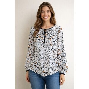 White House Black Market Animal Print Blouse Size Small Boho Chic Workwear